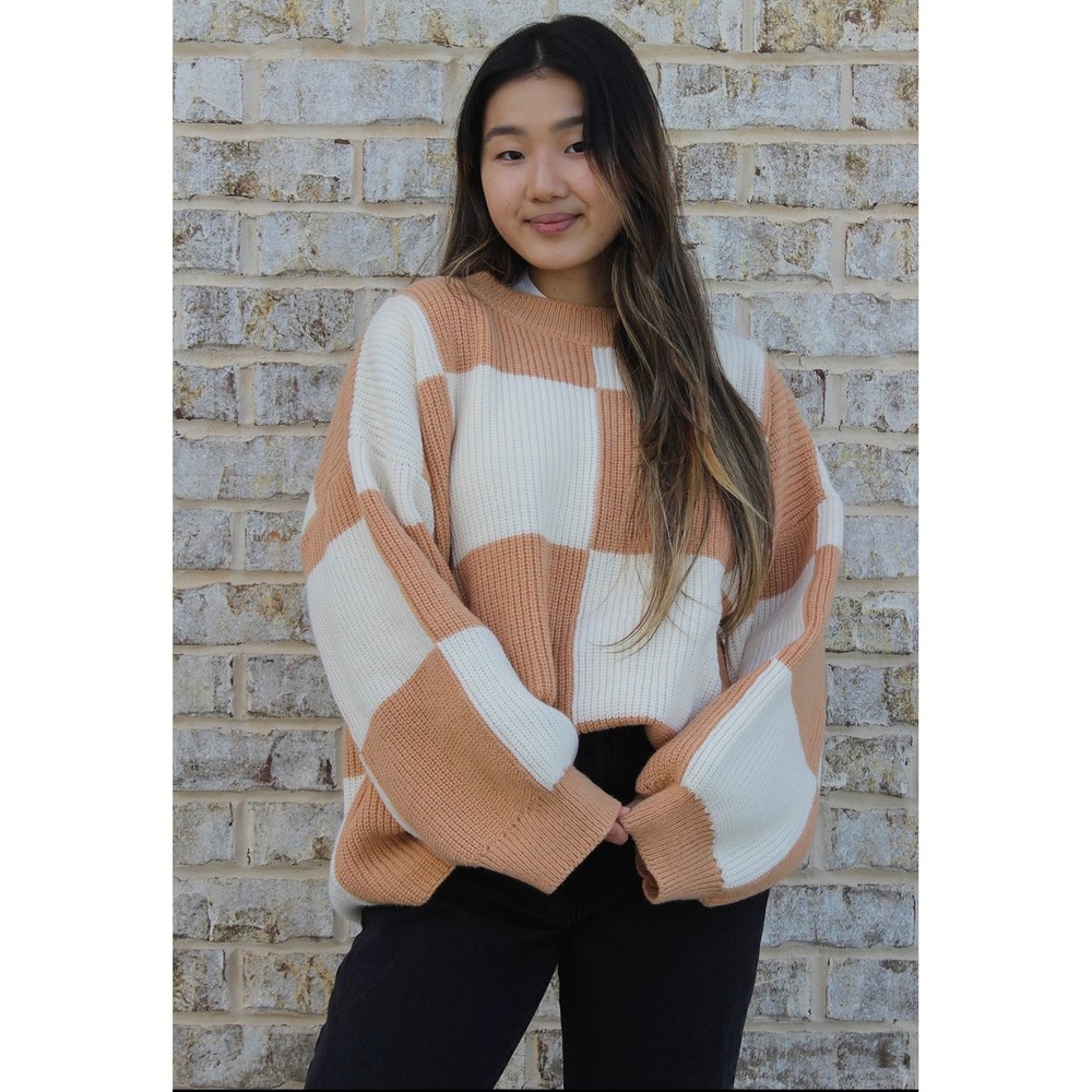 Jen & Co Women Tan Cream Checkerboard Oversized Knit Sweater Pullover L/XL NWT